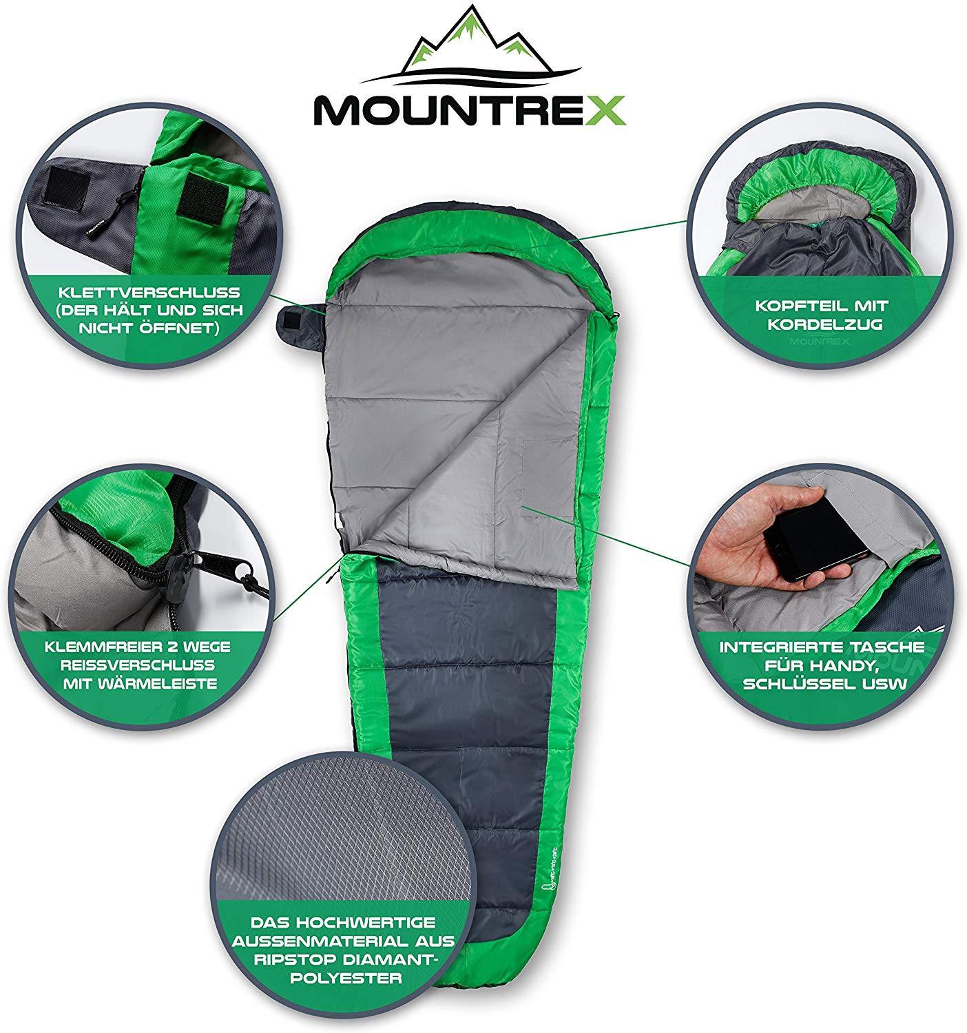 MOUNTREX Sleeping Bag for Camping Hiking and Backpacking; Ultralight (850 g) and Windproof Mummy Sleeping Bag with Hood, 205x75 cm - Image 3