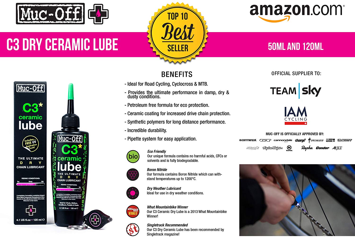 Muc-Off C3 Dry Weather Ceramic Lube, Ultra Durable Biodegradable Bike Chain Oil with Ceramic Coating and UV Dye - Image 4