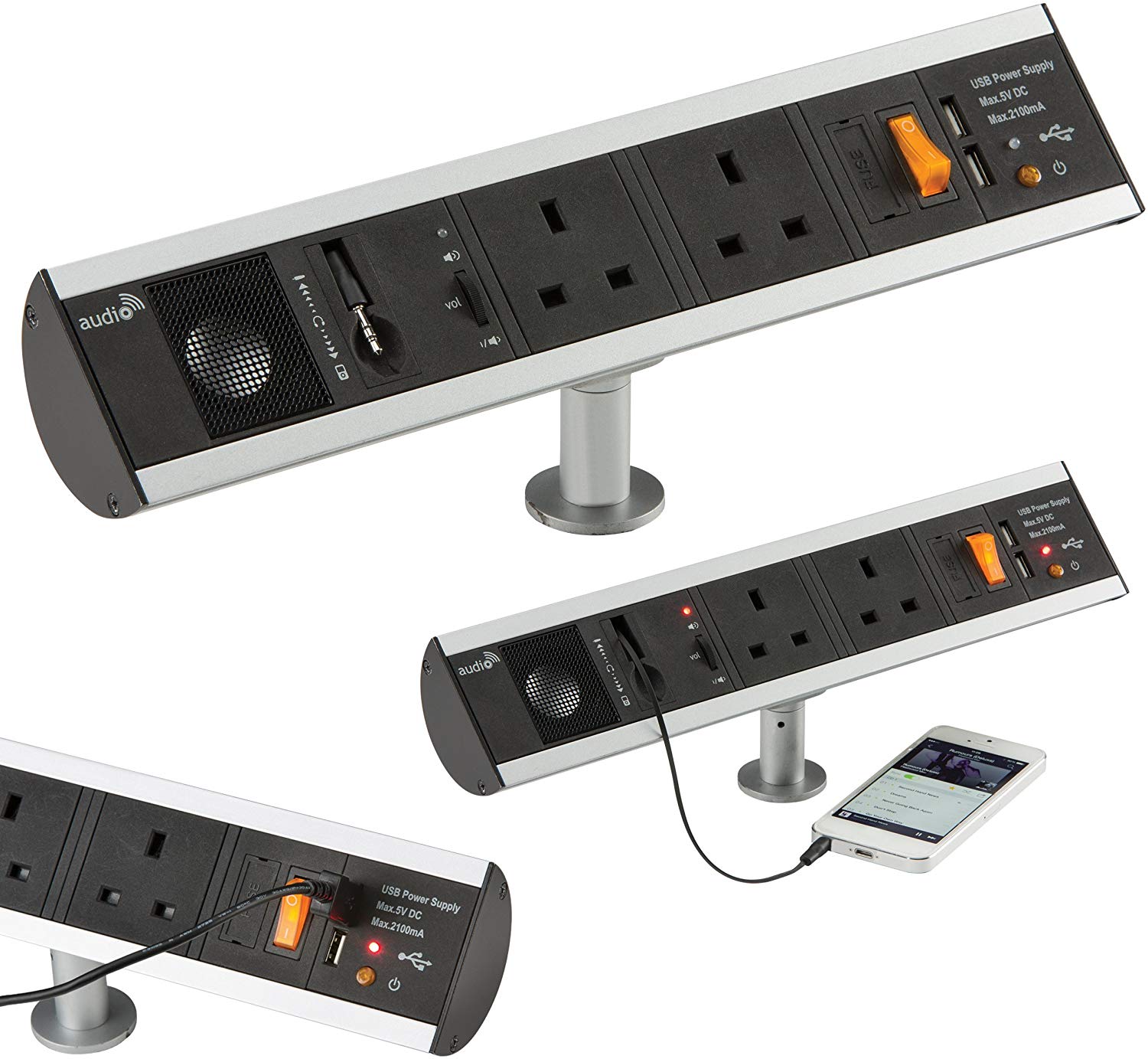 Knightsbridge SK004 2G Power Station with Built In Speaker And USB Charger Ports, Black, Twin 13A + USB + Spkr - Image 2