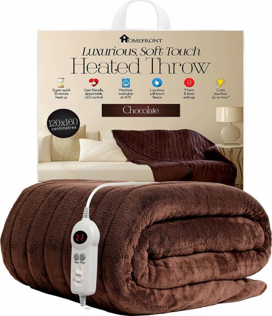 Homefront Electric Heated Throw / Over Blanket in Chocolate (160 x 120 Centimetres) Easy To Use Digital Control - Machine Washable - Ultra Soft, Cosy Finish