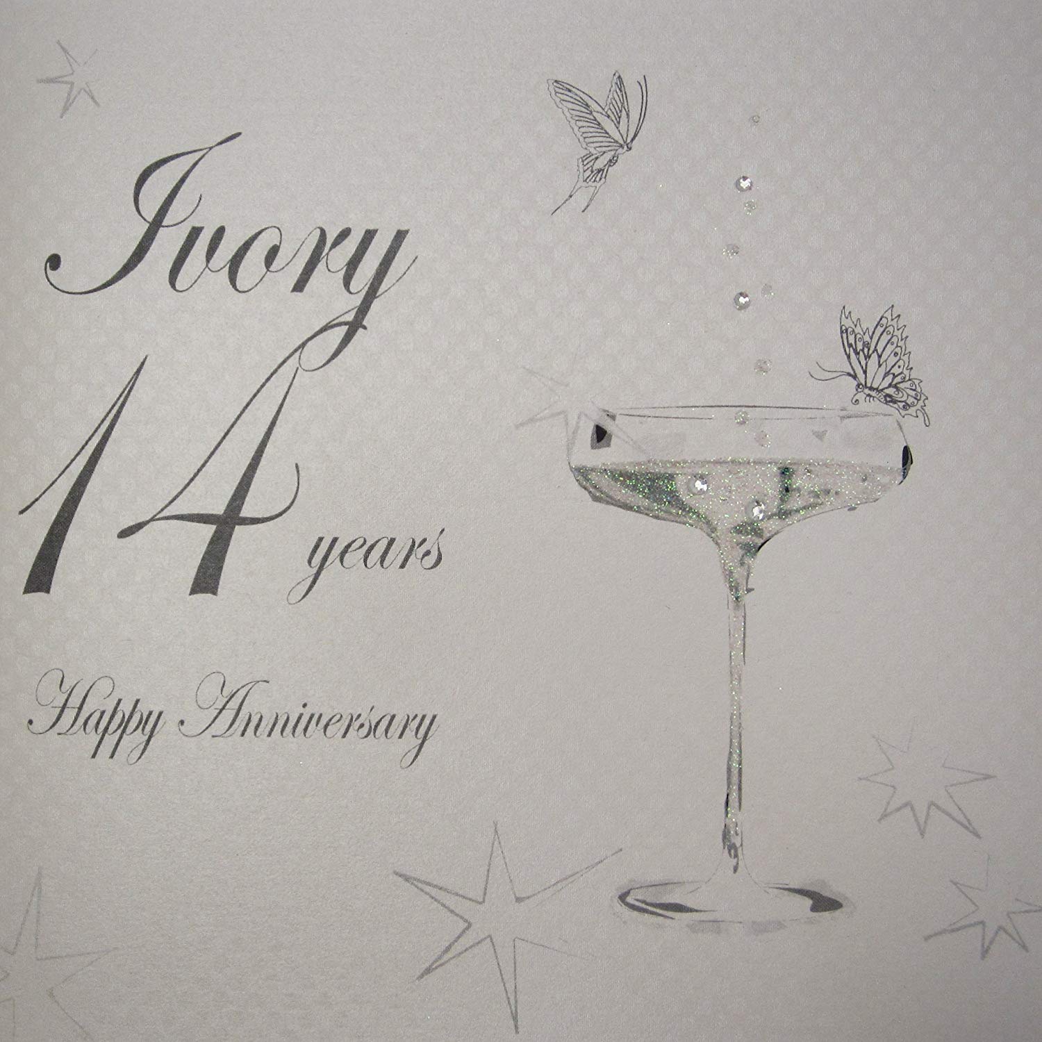 White Cotton Cards BD114C Coupe Glass "Happy Anniversary 'Ivory' 14 Years" Handmade Anniversary Card, White