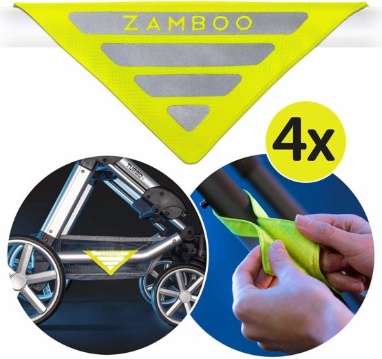 Zamboo - 4 Pack Pram Reflectors/Reflective Safety Accessory for Stroller, Bicycle, Bike Trailer, School Bag, Backpack and More - Neon Yellow
