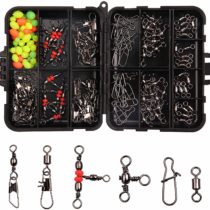 SHADDOCK 140pcs/box Fishing Swivel Snaps Kit Include Ball Bearing Swivel Snap Barrel 3 Way Triple Swivel Connector Clips Fishing Beads Fishing Accessories Set