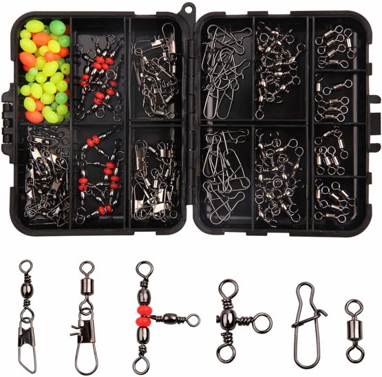 SHADDOCK 140pcs/box Fishing Swivel Snaps Kit Include Ball Bearing Swivel Snap Barrel 3 Way Triple Swivel Connector Clips Fishing Beads Fishing Accessories Set