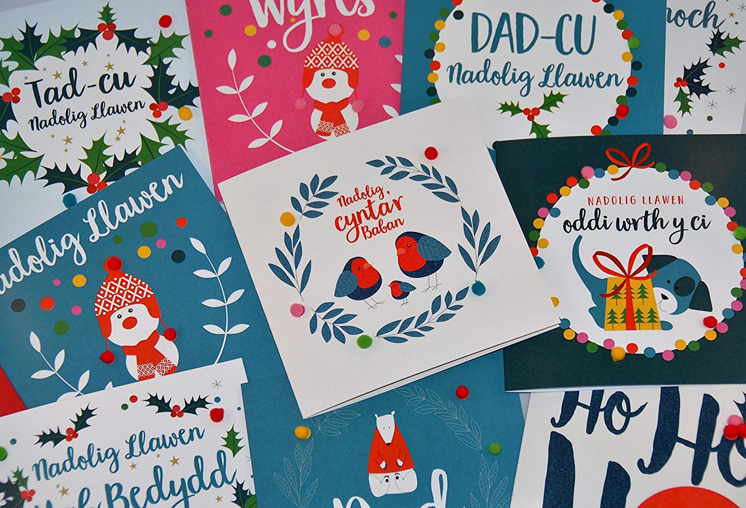 Claire Giles Greeting Cards, Welsh Happy Christmas Card, from Our House to Yours, Nadolig Llawen, Embellished with Colourful Pompoms - Image 4