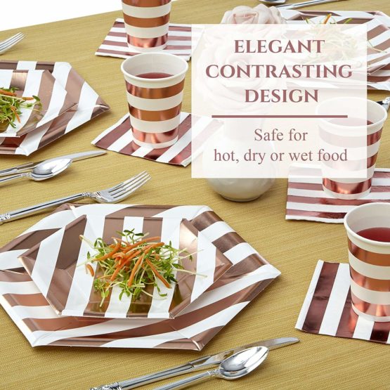 PARTY DISPOSABLE 36 PC DINNERWARE SET | 18 Dinner Plates | 18 Side Plates | Heavyweight Paper Plates | Hexagon Design | for Upscale Wedding and Dining (Stripe Collection – White/Rose) - Image 3