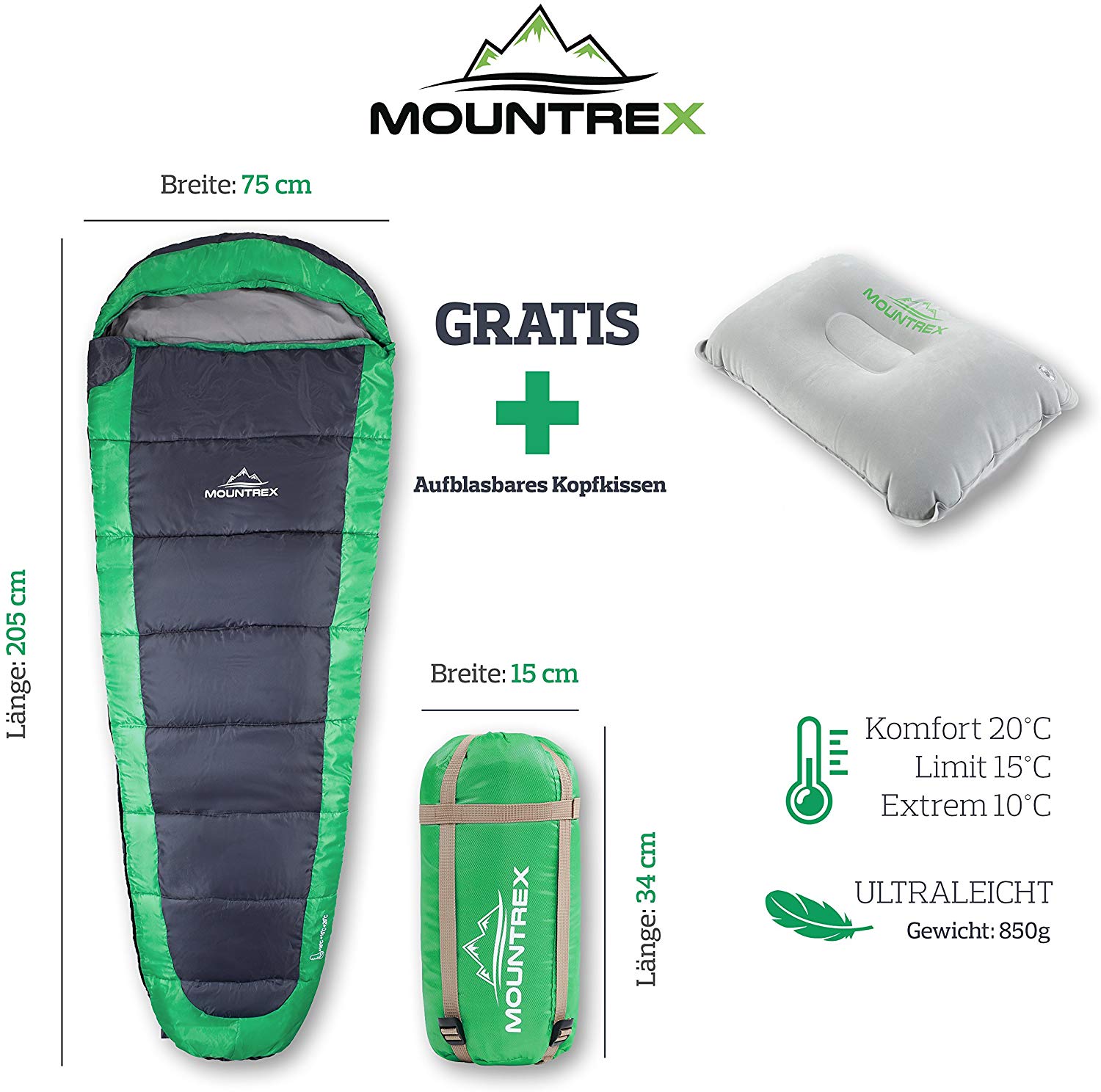 MOUNTREX Sleeping Bag for Camping Hiking and Backpacking; Ultralight (850 g) and Windproof Mummy Sleeping Bag with Hood, 205x75 cm - Image 2