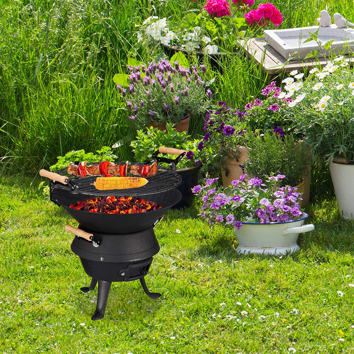 Relaxdays Cast Iron BBQ, Height Adjustable Cooking Grate, Air Vent, Wood Burning Barbecue, HWD 40x45x36 cm, Black - Image 2